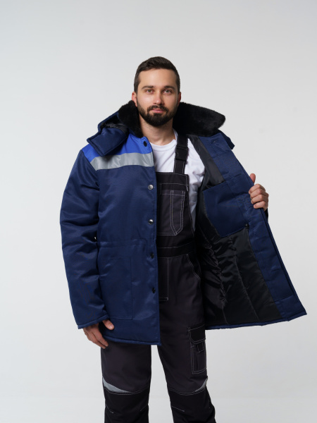 Куртка мужская зимняя Кур710 ткань смесовая, цвет темно-синий с васильковым