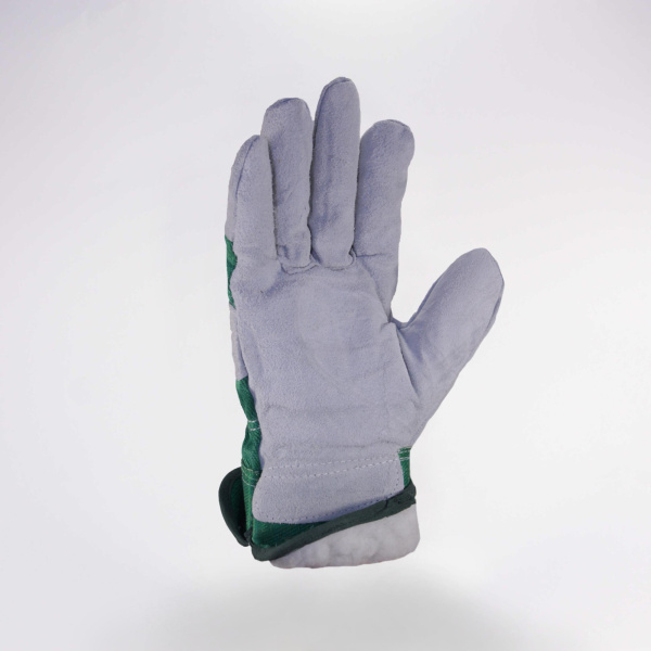 Перчатки спилковые комбинированные (зеленые) утепленные (иск. мех) Люкс