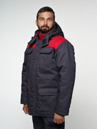 Куртка мужская зимняя Кур703 ткань Твил, цвет темно-серый с красным