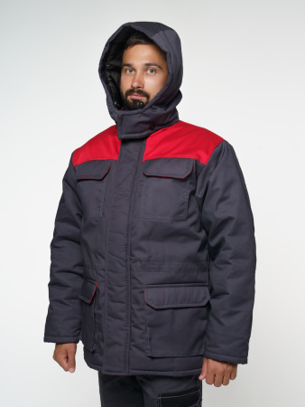 Куртка мужская зимняя Кур703 ткань Твил, цвет темно-серый с красным