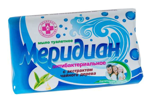 Мыло туалетное твердое "Меридиан" антибактериальное с экстрактом чайного дерева 100 г  в упаковке. Марка "Ординарное"
