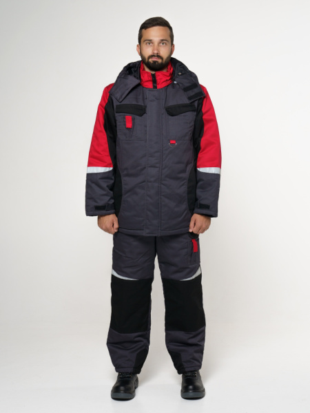 Костюм "Фаворит-Мега": зимний куртка дл.,п/к. т-серый с чер. и красн. и СОП